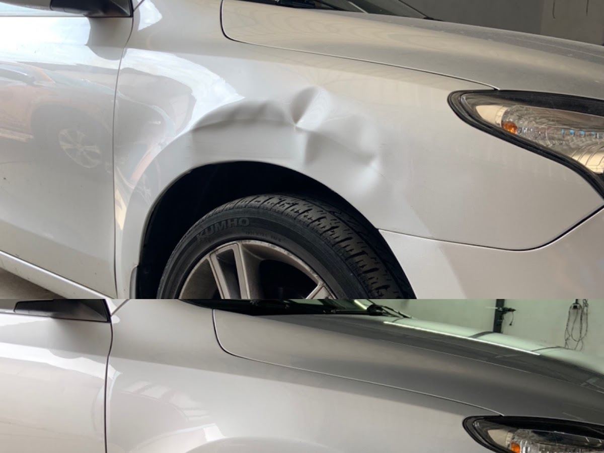Foto real de antes e depois de um amassado reparado pela Marquinhos